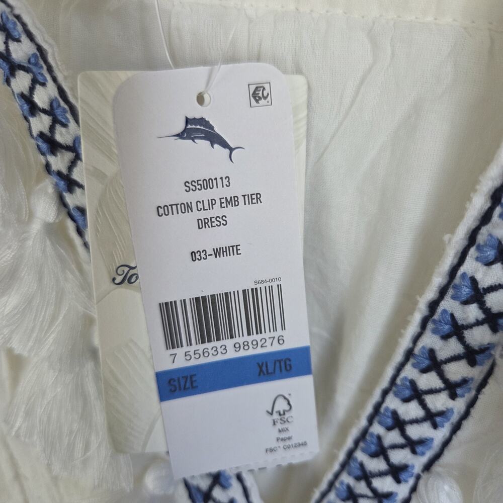 NWT Tommy Bahama XL White Cotton Clip Embroidered Tier Dress Tassel Boho - Picture 9 of 10